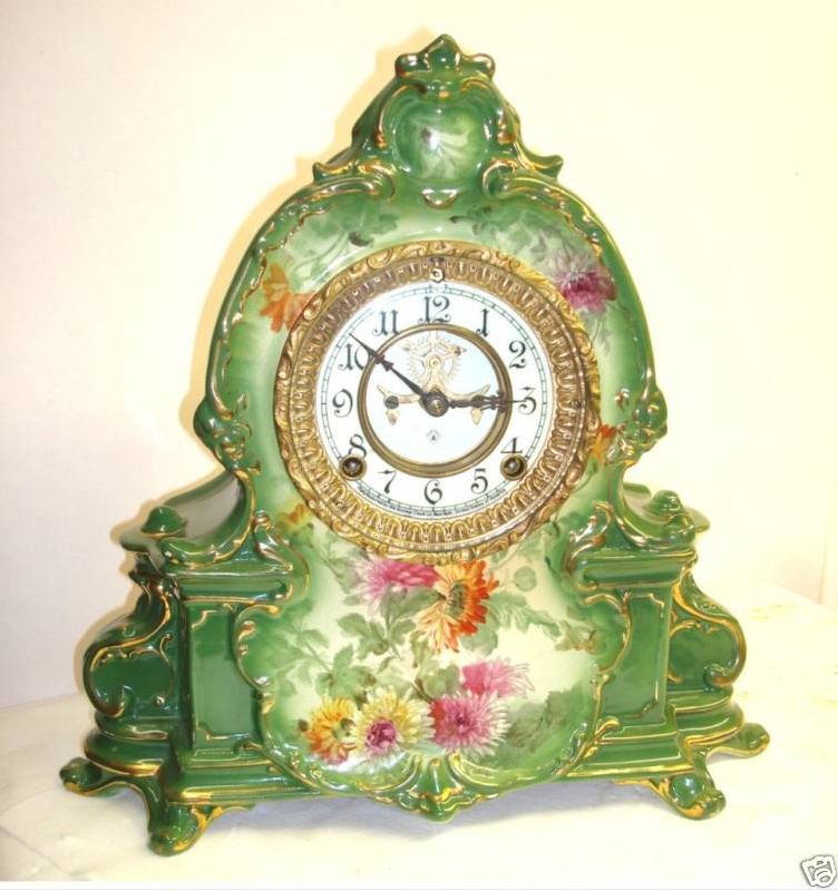 Ansonia Royal Bonn La Manche porcelain mantel clock